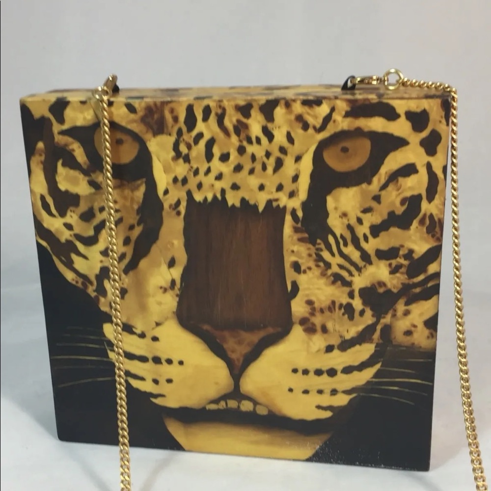 New Handmade Minaudière Wood Hand Painted Tiger Safari Brown Square Gold Chain - Picture 5 of 12